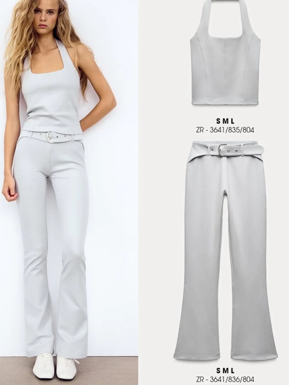 ZARA 2pc Set BELTED FLARED INTERLOCK PANTS & Top Size Large NWT
